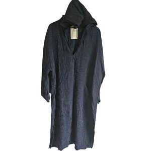 Yume Navy Blue 100% Linen Full Length Hooded Kaftan